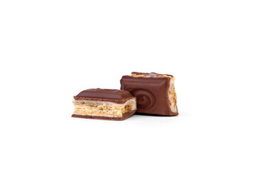 Milk chocolate with strawberry and cookies isolated on white background.