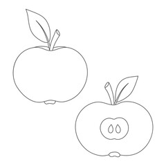 Apples. Whole apple and half apple. Coloring page. Black and white card for drawing. 