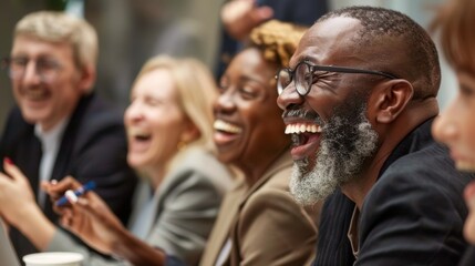 Obraz premium Office teamwork, assistance, and collaboration with other businesspeople and professionals. Corporate diversity smiling and laughing with growth mindset and mission