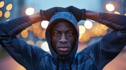 Black man and hoodie running in city, exercise, and workout for motivation, strong mindset, and healthy aims. Running and sports enthusiast looking to start cardio.