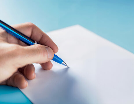 Gros plan sur une main tenant un stylo bille et &eacute;crivant sur une feuille de papier, arri&egrave;re plan bleut&eacute; flou 