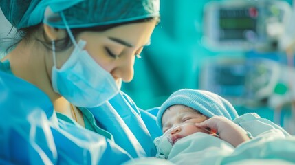 Fototapeta premium A woman in a hospital gown is holding a baby