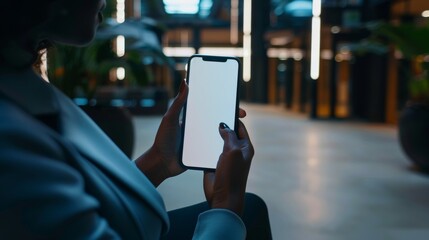 Research, communication, and server room typing on phone screen, mockup, or IT lady hands. Scroll, search, or girl on smartphone for social media, website material, or networking.