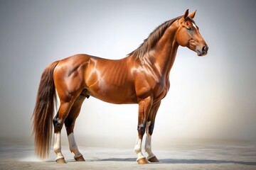 Obraz premium Isolated brown horse standing alone on a pure white background, its majestic coat glistening in the light, showcasing its muscular build and gentle expression.