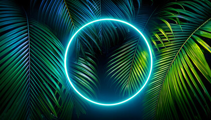 Obraz premium Green and Blue Neon Light with Tropical Leaves. Dark tropical exotic background 