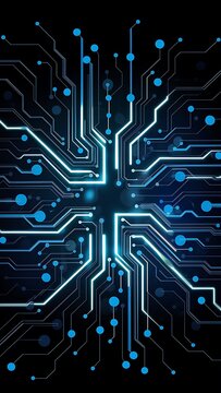 Abstract black background with lines and blue ts that depicts technological advancement