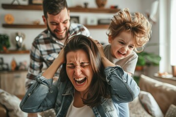 Fototapeta premium Family, mother's worry and headache on sofa with father, hyperactive energy, adhd youngster. Burned out mother in living room with boy and dad feeling depressed or anxious at home with kid.