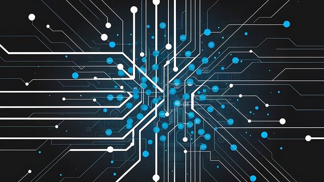 Abstract black background with lines and blue ts that depicts technological advancement