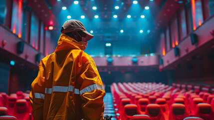 Fototapeta premium Bright and minimalist image of a cleaner working in a movie theater. 