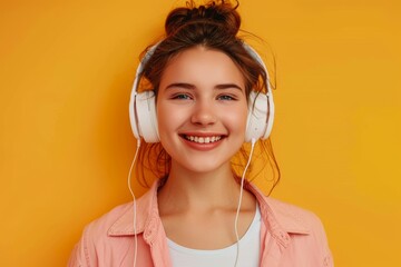 Excited young woman in studio listening to music, playlist, or radio with headphones as enjoyment. Happy Mexican girl model playing a song or album on yellow background.