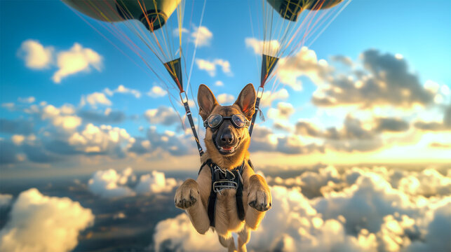 German Shepherd Paragliding Adventure - Happy Dog in the Sky with Goggles
