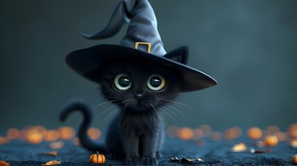 Cute Black Cat Wearing a Witch Hat for Halloween