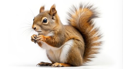 Obraz premium Adorable American Red Squirrel with fluffy tail and twitching whiskers perches on its hind legs, sitting upright with paws together on a clean white background.