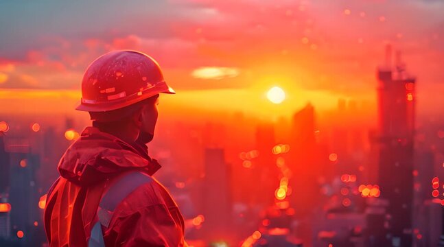 contractor standing at sunset with building background