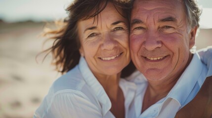 Obraz premium Sunlight and grin for love, caring, and romance on summer vacation or date for senior couple. Man, woman, and retirees outdoors for happiness, support, and romantic marriage relaxation