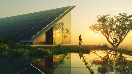 Eco-friendly house with solar panels at sunset, electric engineer ensuring optimal performance