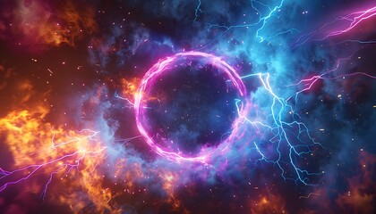 Obraz premium Powerful electrical round discharge hitting from side to side realistic vector illustration isolated on black background. Blazing lightning circle strike in darkness Electric energy flash light effect