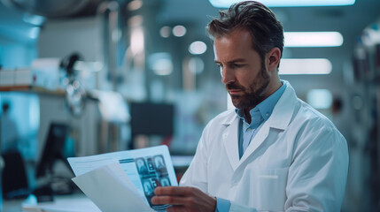 Fototapeta premium A doctor in a white lab coat examines an X-ray in a bright hospital room with medical equipment, displaying a focused expression. 