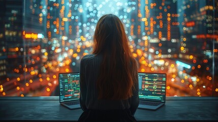 Woman Analyzing Data On Multiple Laptops While Overlooking A City At Night. Generative AI
