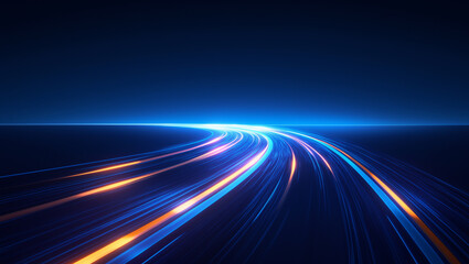 abstract blue background with fast speed curved glowing rays technology wallpaper, trails on the highway