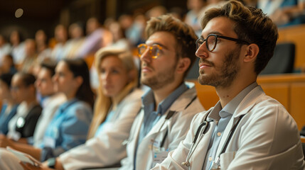 A group of medical students takes notes in a lecture hall while a professor explains at the front, creating an educational and focused atmosphere.
