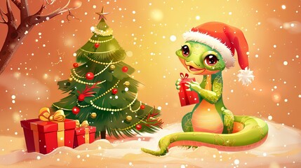 A cute cartoon green snake in a Santa hat with a red gift sits near the Christmas tree.2025