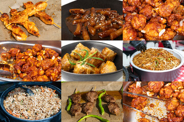 Udon Street Food Collage, Chinese Fried Noodles in Wok, Asian Pasta Food in a Large Pot, Korean Spaghetti