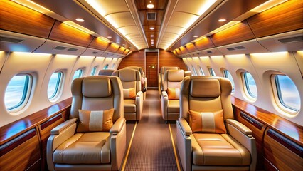 Fototapeta premium Vibrant airplane cabin interior with empty seats, polished wood trim, and soft lighting, evoking a sense of comfort and luxury in commercial air travel.