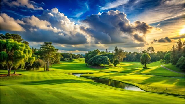 Serene lush green fairways and perfectly manicured lawns under cloudy blue skies golf course management landscape photography nature scenery