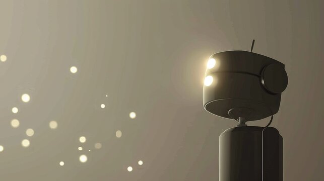 Futuristic robot head with glowing eyes in a dimly lit environment, showcasing advanced technology and artificial intelligence.