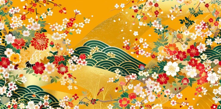 The traditional Japanese seamless pattern features intricate designs and motifs.