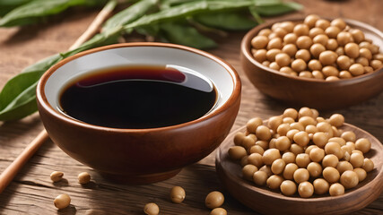Soy sauce in bowl and soybeans on wooden table, closeup. Generative AI