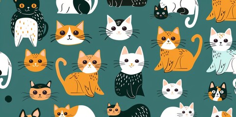 Fototapeta premium A playful and vibrant seamless pattern featuring cats in various poses and expressions, cats, feline, seamless, pattern
