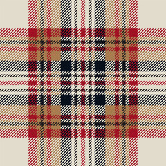 Beige, red and black tartan plaid. Scottish pattern fabric swatch close-up. 