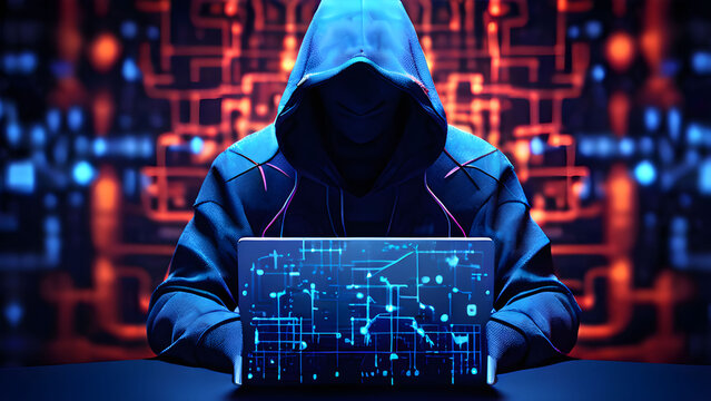 Abstract polygonal hacker, hood up, entwined with intricate code streams, static-laden, a laptop aglow with lines of glyphs, set against a chiaroscuro backdrop hinting at ...