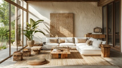 eco-friendly home decor, a modern and eco-friendly interior design aesthetic displayed in a living room using sustainable furniture pieces
