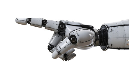 Robot hand pointing index finger, showing gesture, isolated on a transparent background.