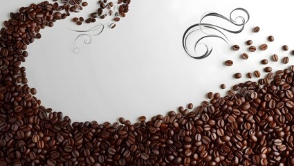 Naklejka premium Roasted coffee beans blanket white backdrop, capturing rich brown texture and aroma