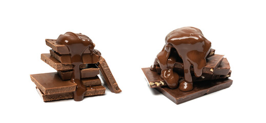 Broken chocolate bar stack, isolated. Milk chocolate square pieces, melted cubes, small bloks pile, choco