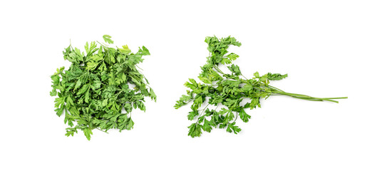 Obraz premium Dry parsley pile isolated. Crushed cilantro leaves heap, dried garden parsley, chervil flakes, corriender pileces