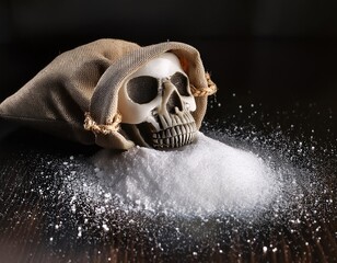 salt spilled from a small sack. What is striking is the skull symbol visible on the sack, generative ai