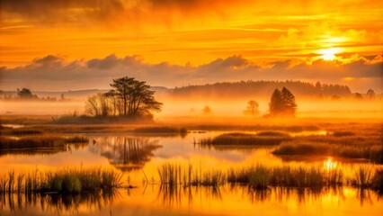 Obraz premium Majestic golden hour marsh silhouette against vibrant orange sky with misty fog rolling over serene wetland landscape photography.
