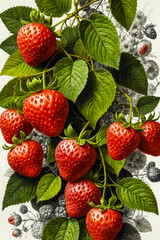 strawberry branches on a white background, berries and leaves. Strawberries are bright pink, and the leaves are black and green.