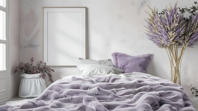 Stylish bedroom featuring lavender fuzzy bedding modern decor and a blank white frame