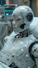 Fototapeta premium Robot patient in hospital bed surrounded by medical equipment and monitors receiving treatment.