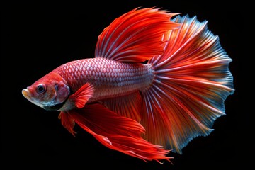Fototapeta premium Vibrant red beta fish with extravagant fins and tail, swims solo in a sleek black background, highlighting its majestic beauty and striking colors.