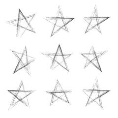 Obraz premium Set of simple hand-drawn stars in different shapes. Ink/pen/crayons illustration. Vector icons in scratch style