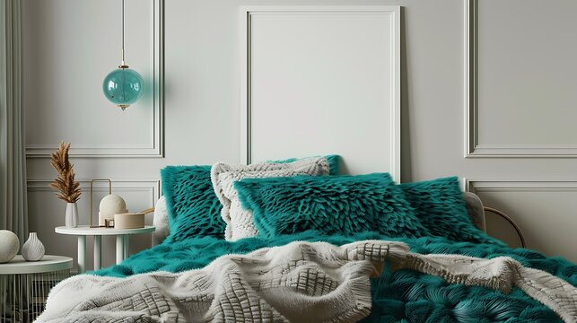 Chic bedroom featuring teal fuzzy bedding modern colors and a blank white frame - Powered by Adobe