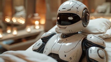 Fototapeta premium A humanoid robot is relaxing in a spa environment with candles, enjoying a luxurious and futuristic therapy session indoors.