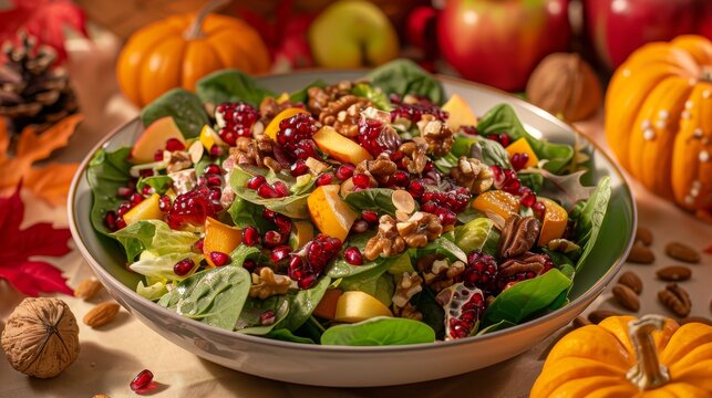 Fresh vegetables and fruits combine to create a festive thanksgiving salad img